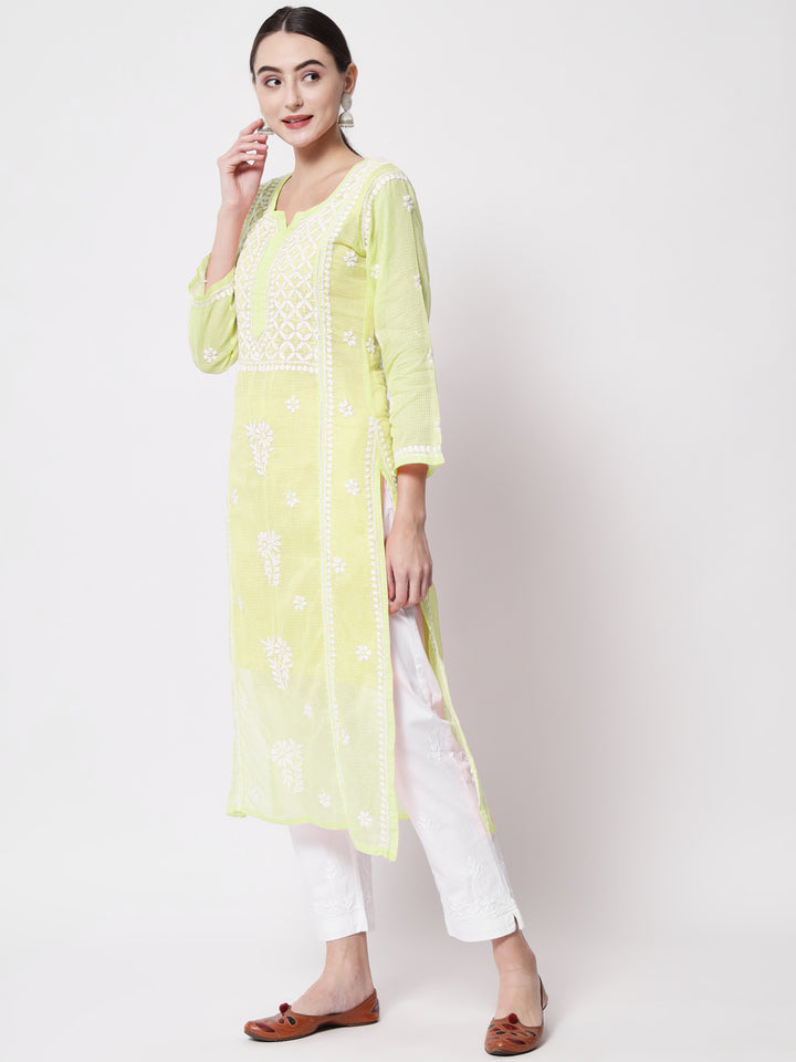 Hand Embroidered Chikankari Kota Cotton straight Kurta with matching Slip- PC3593