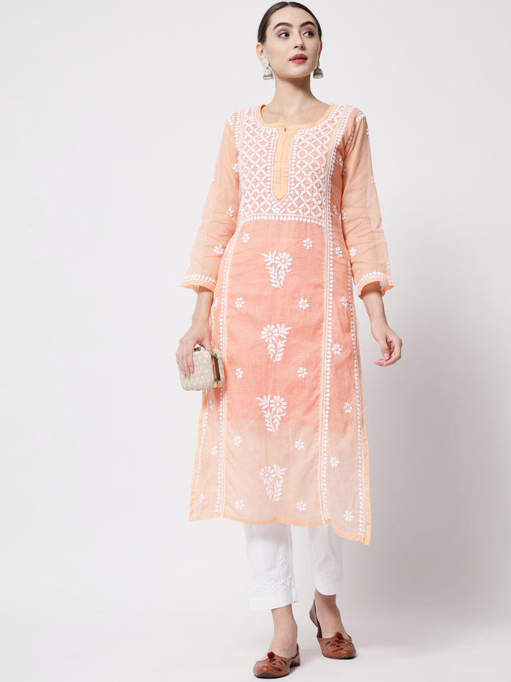 Hand Embroidered Chikankari Kota Cotton straight Kurta with matching Slip- PC3593