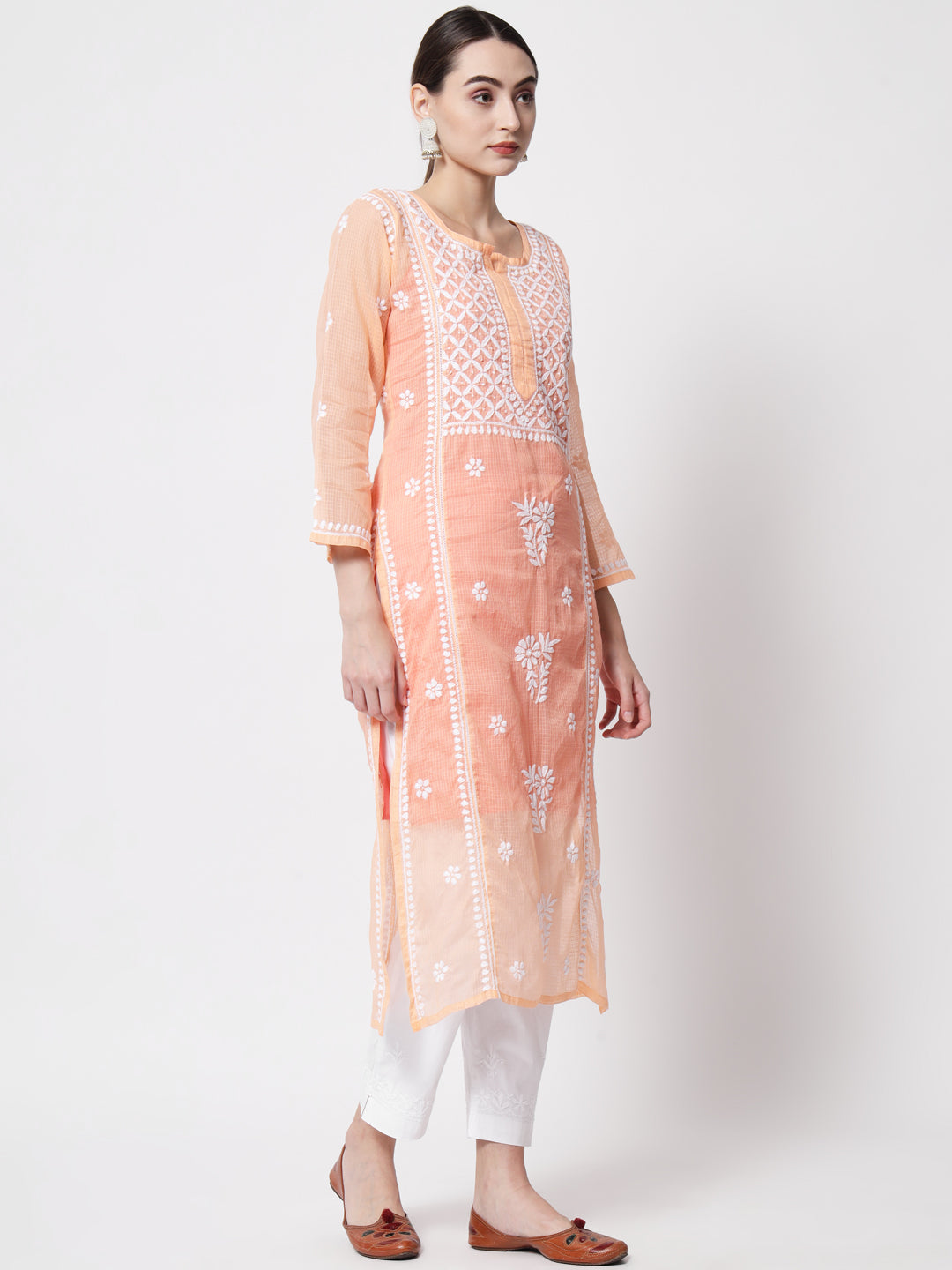 Hand Embroidered Chikankari Kota Cotton straight Kurta with matching Slip- PC3593