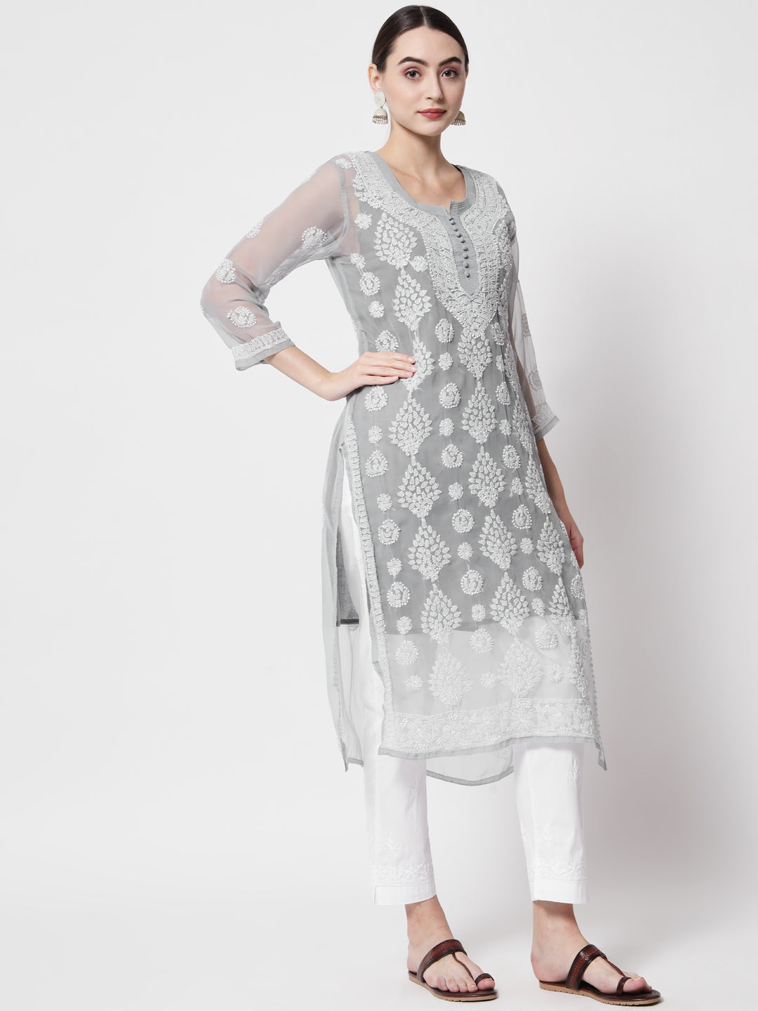 women Hand Embroidered Chikankari Georgette Straight Kurta With Matching Slip- PC3533