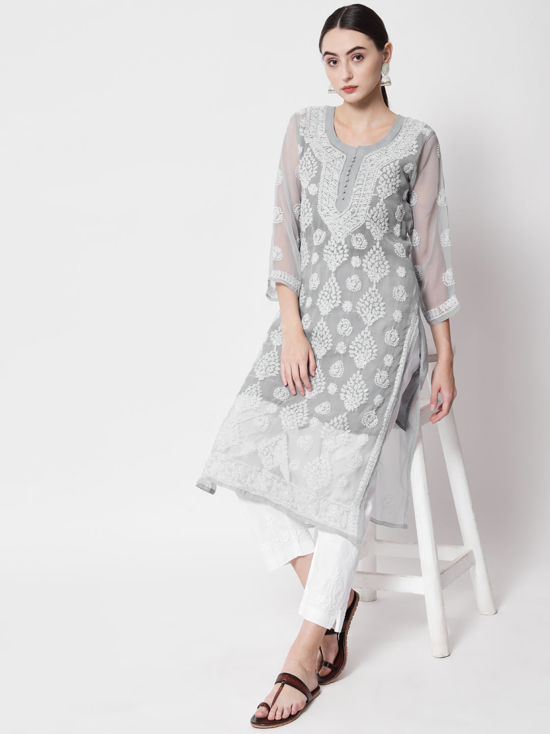 women Hand Embroidered Chikankari Georgette Straight Kurta With Matching Slip- PC3533