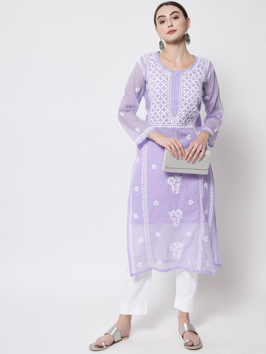 Hand Embroidered Chikankari Kota Cotton straight Kurta with matching Slip- PC3593