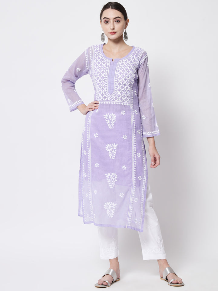 Hand Embroidered Chikankari Kota Cotton straight Kurta with matching Slip- PC3593