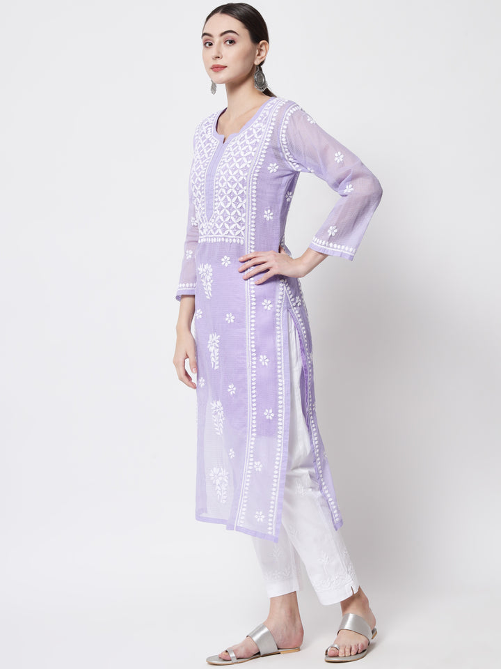 Hand Embroidered Chikankari Kota Cotton straight Kurta with matching Slip- PC3593