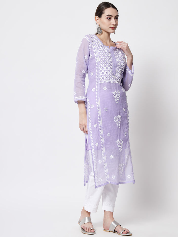 Hand Embroidered Chikankari Kota Cotton straight Kurta with matching Slip- PC3593