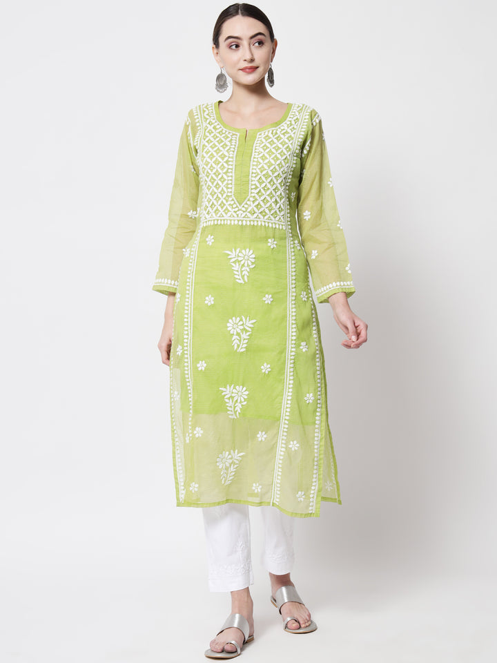 Hand Embroidered Chikankari Kota Cotton straight Kurta with matching Slip- PC3593