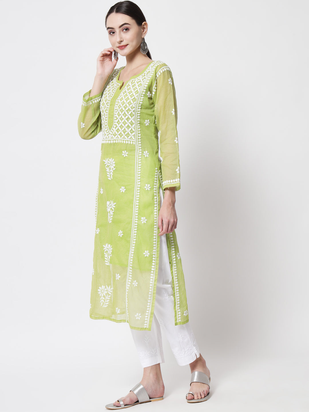 Hand Embroidered Chikankari Kota Cotton straight Kurta with matching Slip- PC3593