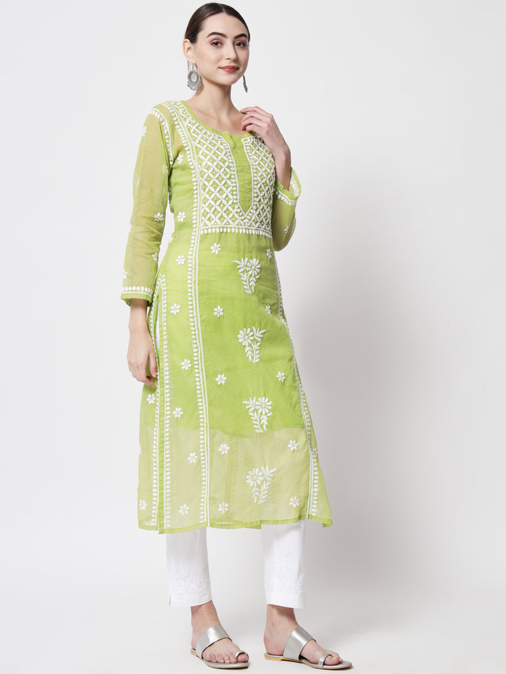 Hand Embroidered Chikankari Kota Cotton straight Kurta with matching Slip- PC3593