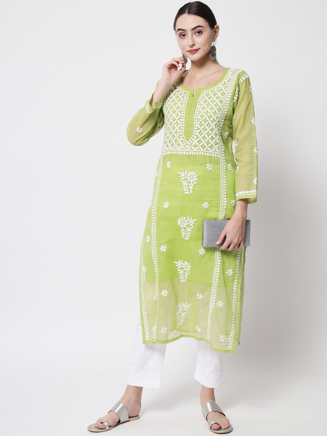 Hand Embroidered Chikankari Kota Cotton straight Kurta with matching Slip- PC3593