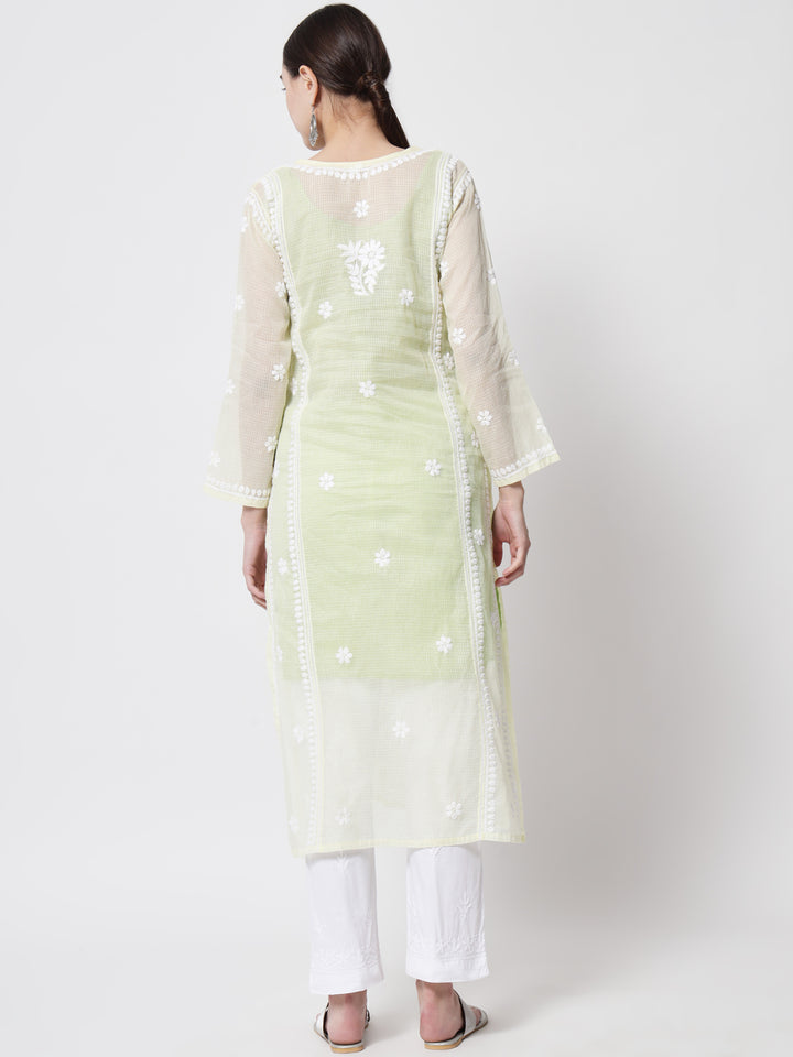 Hand Embroidered Chikankari Kota Cotton straight Kurta with matching Slip- PC3593