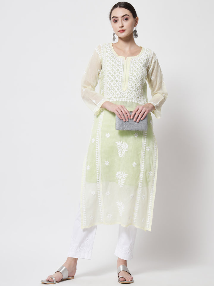 Hand Embroidered Chikankari Kota Cotton straight Kurta with matching Slip- PC3593