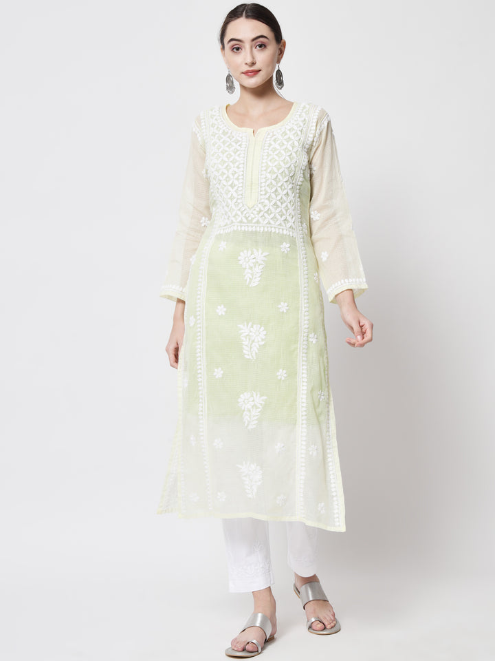 Hand Embroidered Chikankari Kota Cotton straight Kurta with matching Slip- PC3593