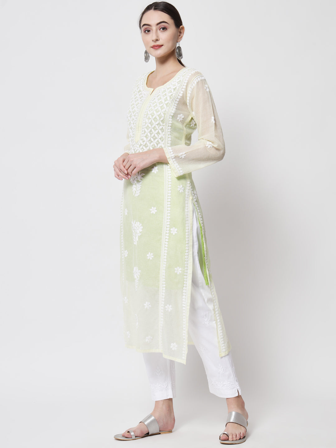 Hand Embroidered Chikankari Kota Cotton straight Kurta with matching Slip- PC3593