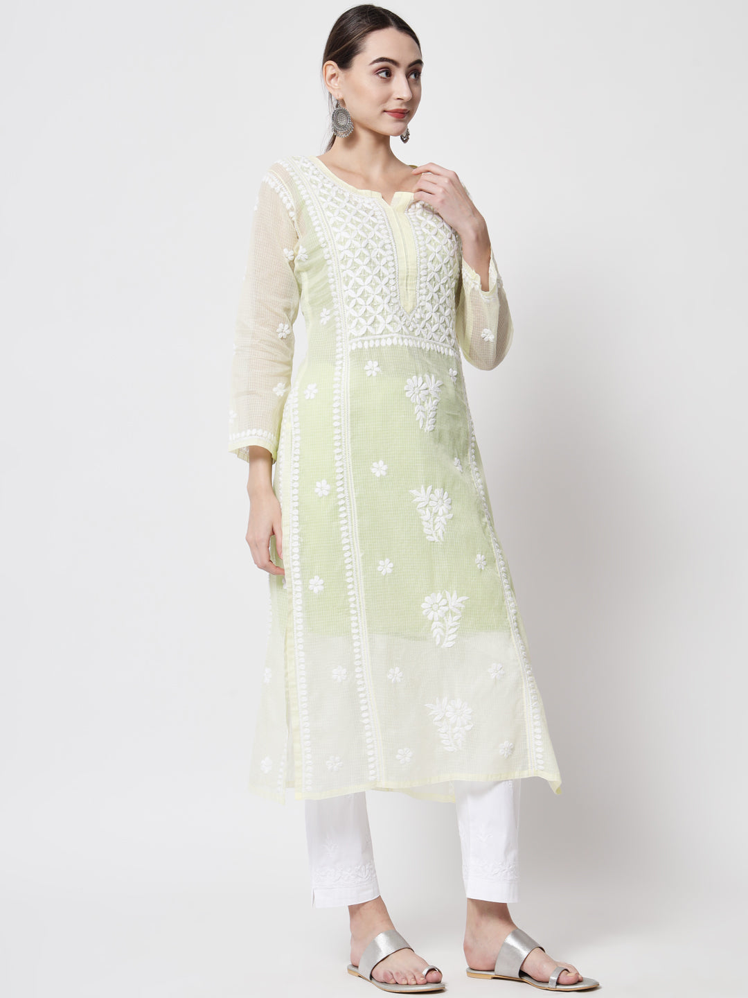 Hand Embroidered Chikankari Kota Cotton straight Kurta with matching Slip- PC3593