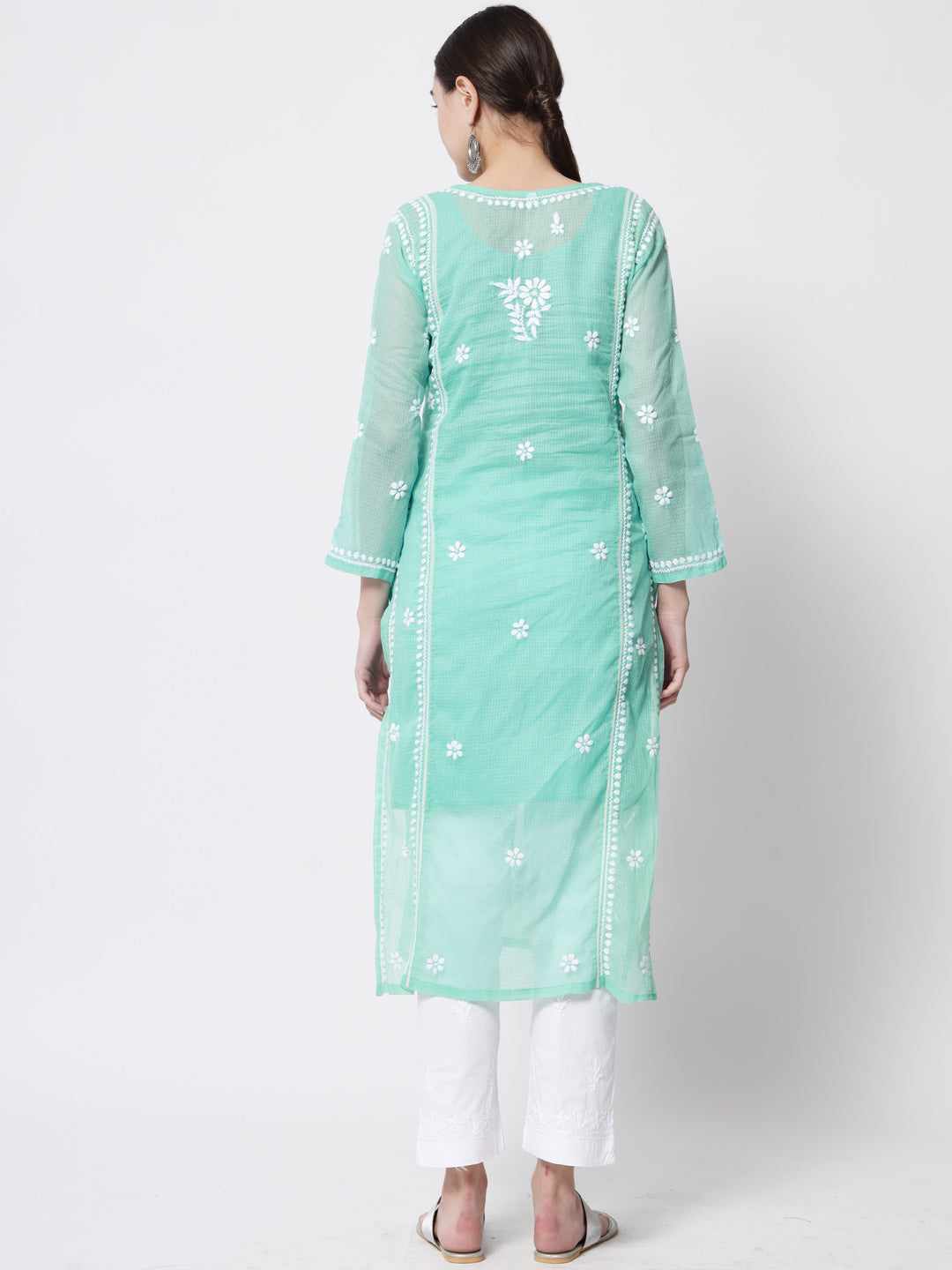 Hand Embroidered Chikankari Kota Cotton straight Kurta with matching Slip- PC3593