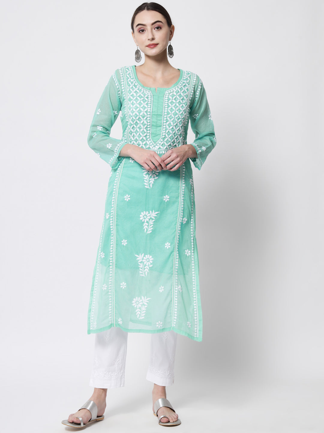 Hand Embroidered Chikankari Kota Cotton straight Kurta with matching Slip- PC3593