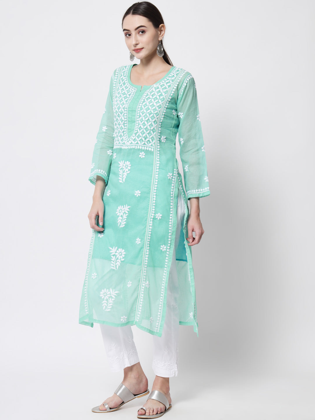 Hand Embroidered Chikankari Kota Cotton straight Kurta with matching Slip- PC3593