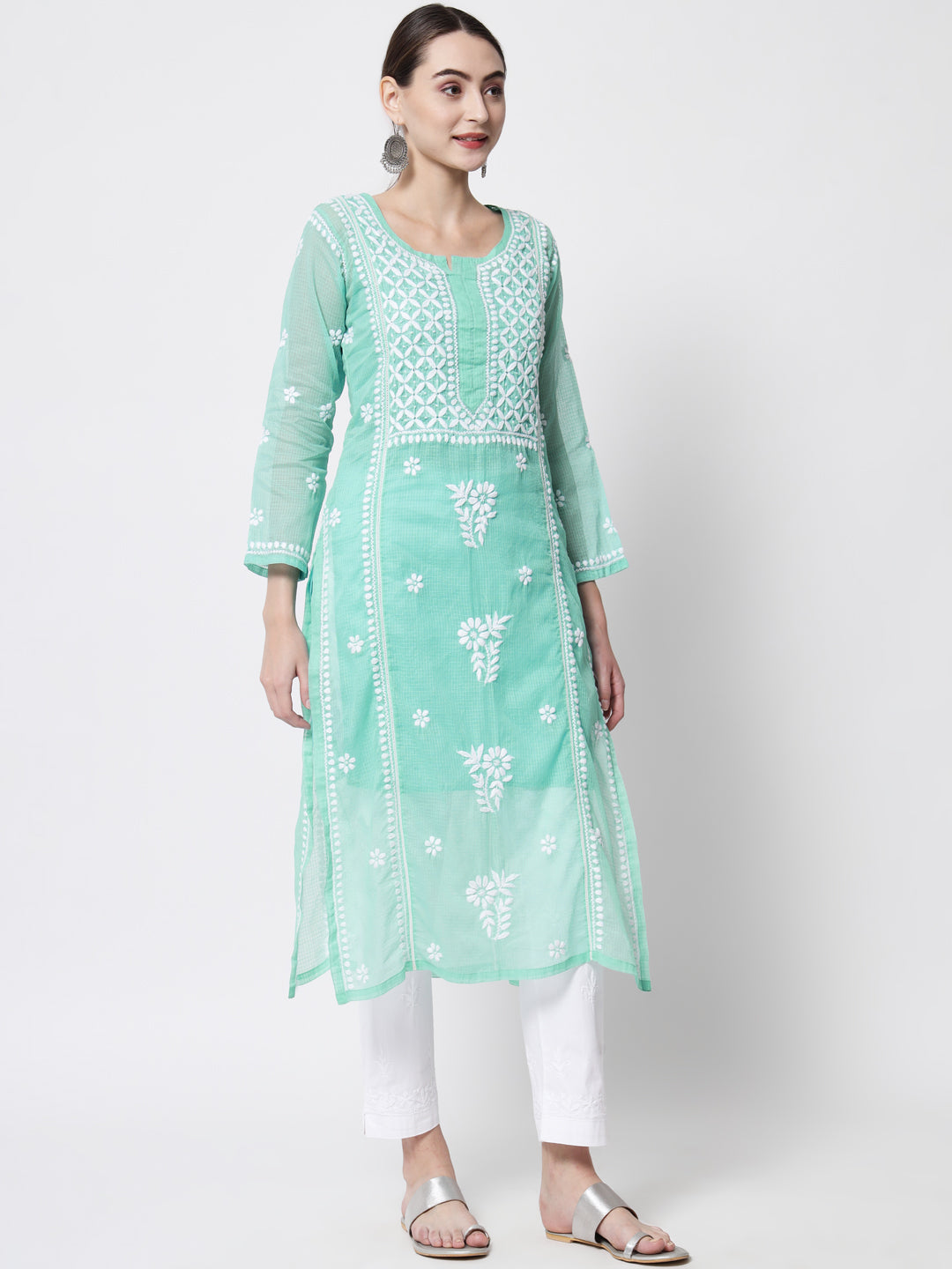 Hand Embroidered Chikankari Kota Cotton straight Kurta with matching Slip- PC3593