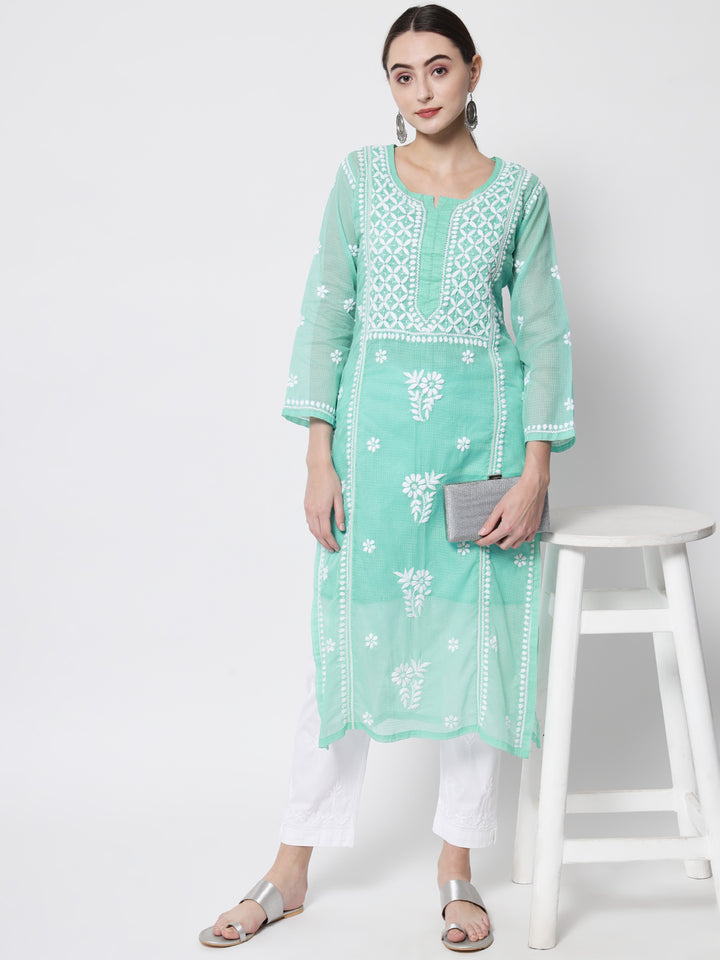 Hand Embroidered Chikankari Kota Cotton straight Kurta with matching Slip- PC3593