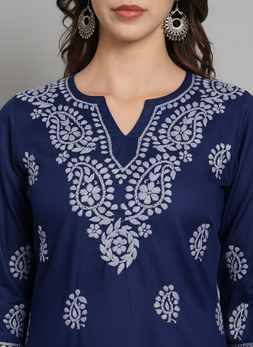 Women Hand Embroidered Chikankari Cotton Kurti PC3828