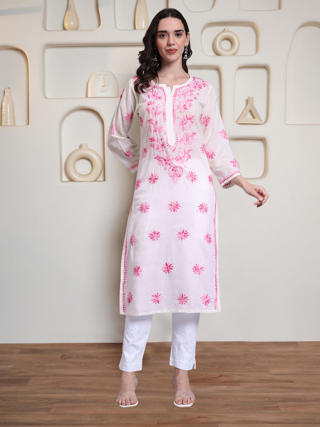 Hand Embroidered Chikankari Mulmul Cotton Straight Kurta- PC4085