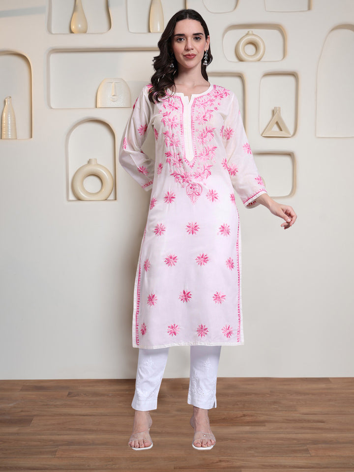Hand Embroidered Chikankari Mulmul Cotton Straight Kurta- PC4085