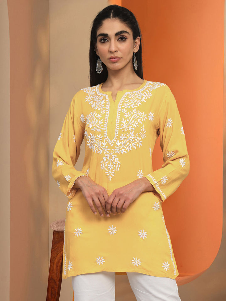 Women Hand Embroidered Chikankari Modal Kurti PC3611 Darkyellow