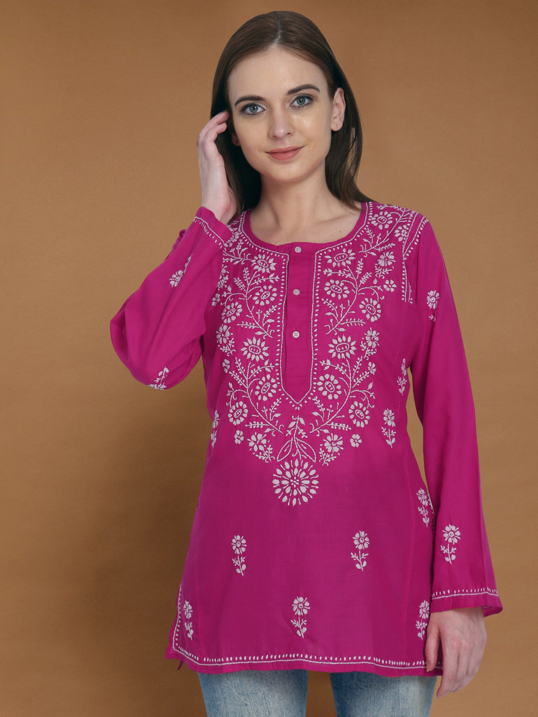 Women Hand Embroidered Chikankari Cotton Kurti-STV115