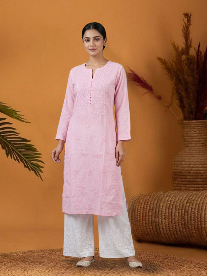 Hand Embroidered Chikankari Cotton Straight Kurta- PC3579 Pink