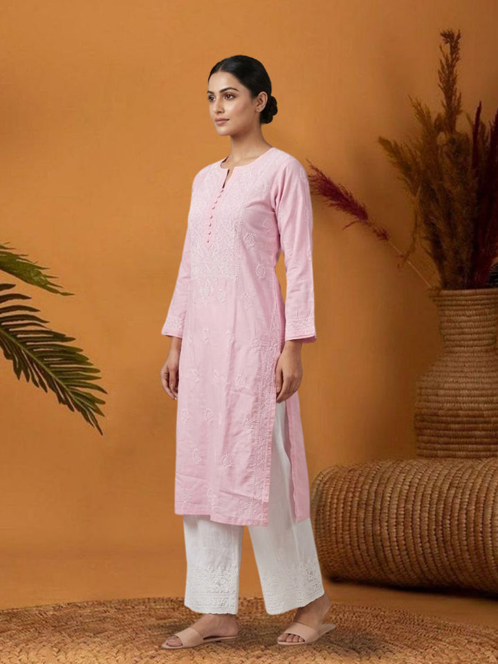 Hand Embroidered Chikankari Cotton Straight Kurta- PC3579 Pink