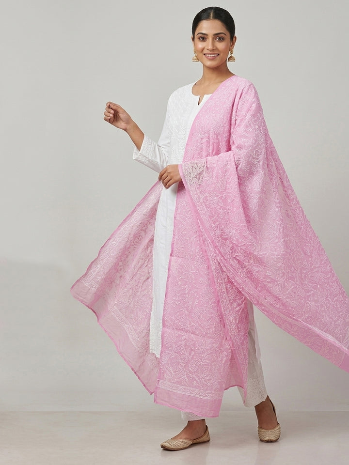 Women Hand Embroidered Cotton Chikankari Dupatta-PC4111 Pink