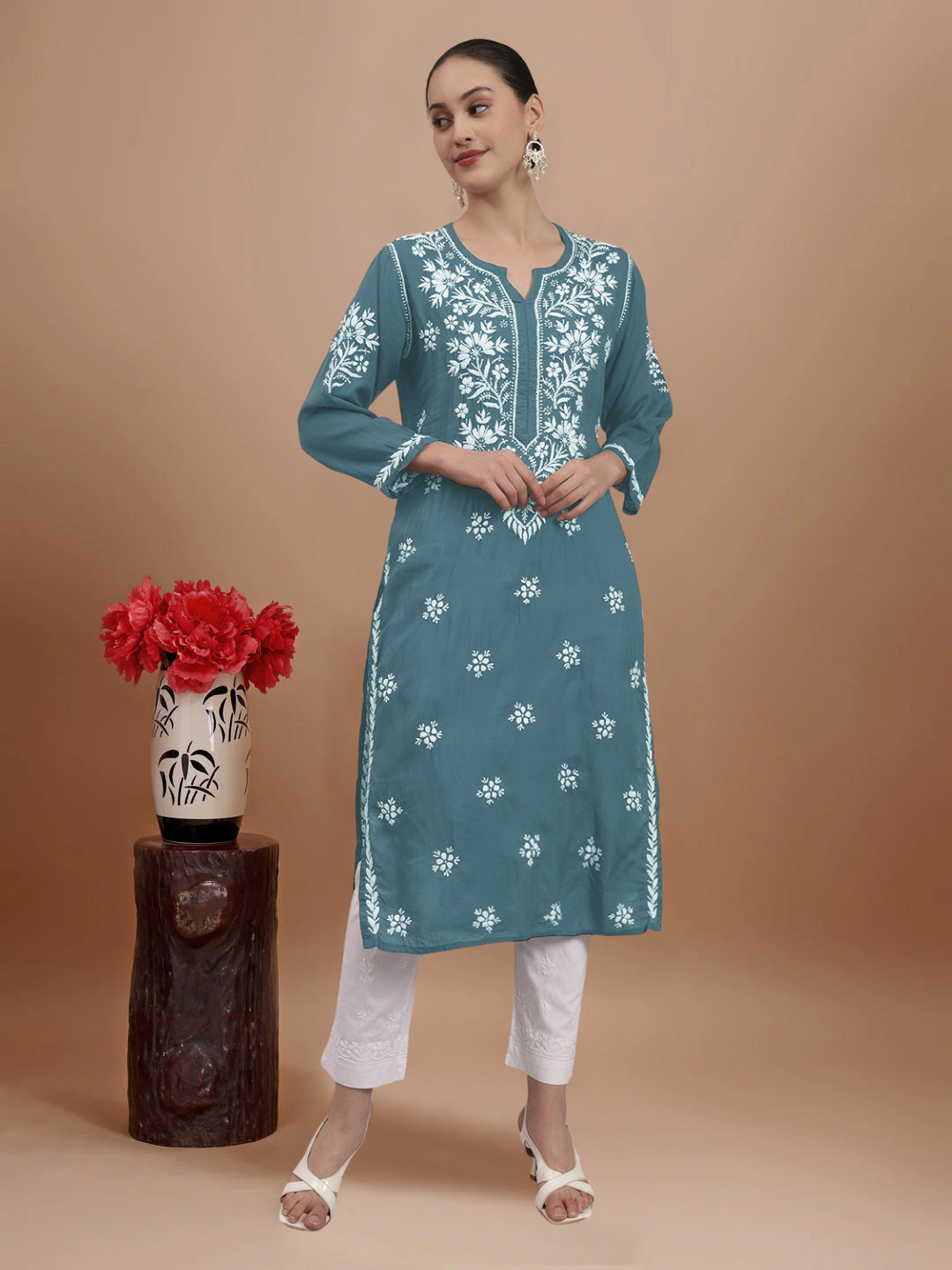 Hand Embroidered Chikankari Modal Straight Kurta- PC4059