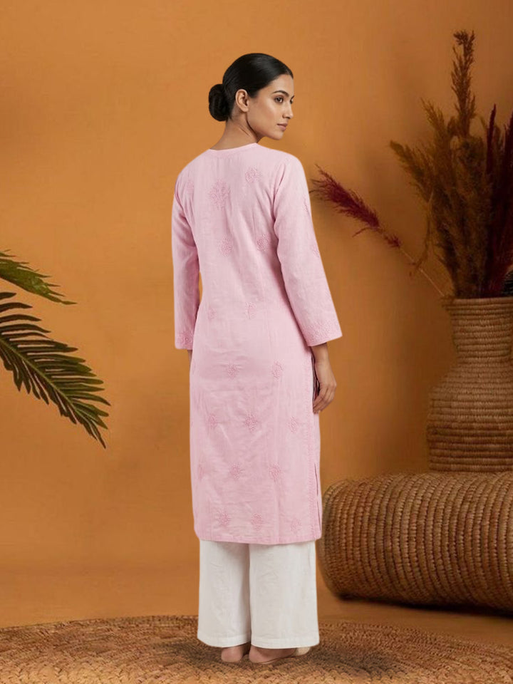 Hand Embroidered Chikankari Cotton Straight Kurta- PC3579 Pink