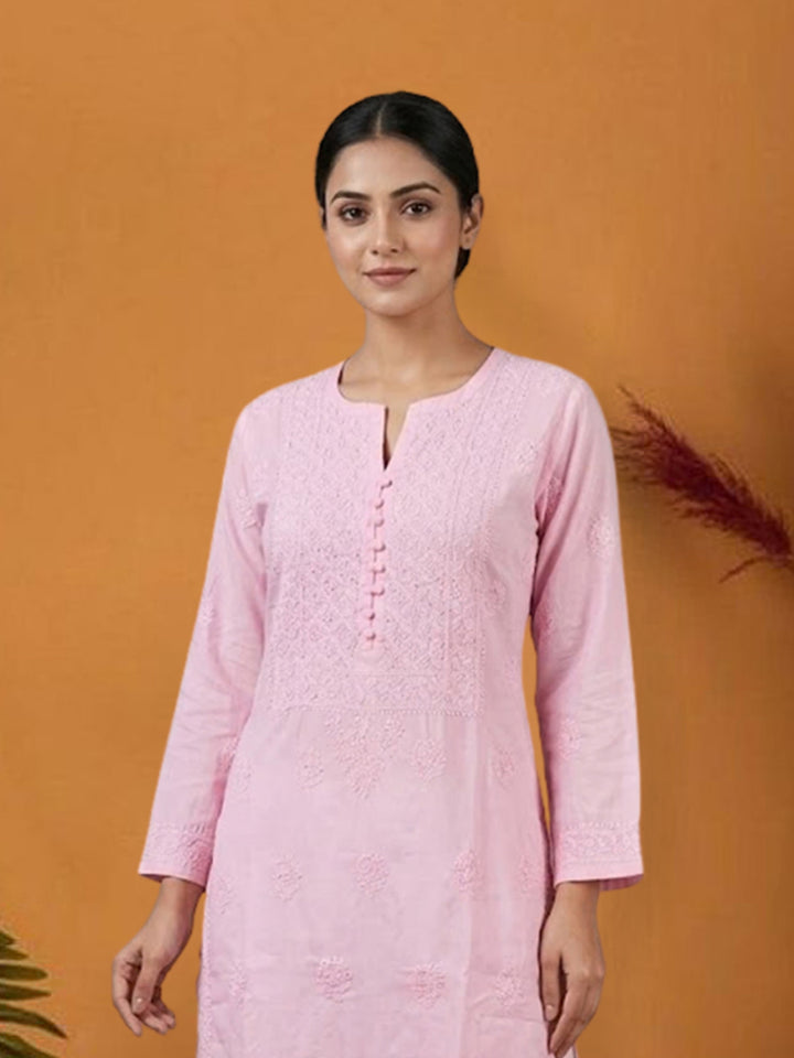 Hand Embroidered Chikankari Cotton Straight Kurta- PC3579 Pink