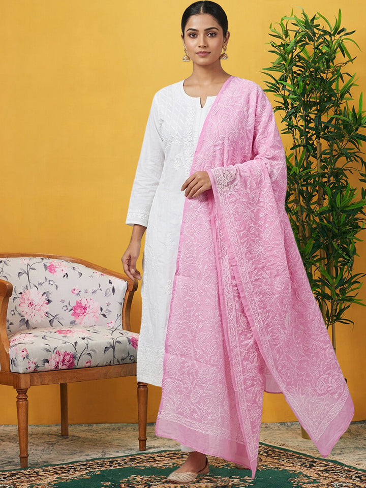 Women Hand Embroidered Cotton Chikankari Dupatta-PC4111 Pink