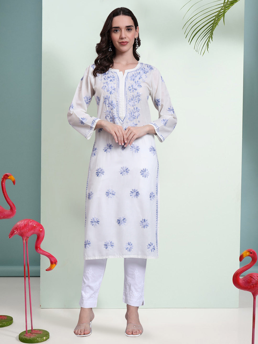 Hand Embroidered Chikankari Mulmul Cotton Straight Kurta- PC4085