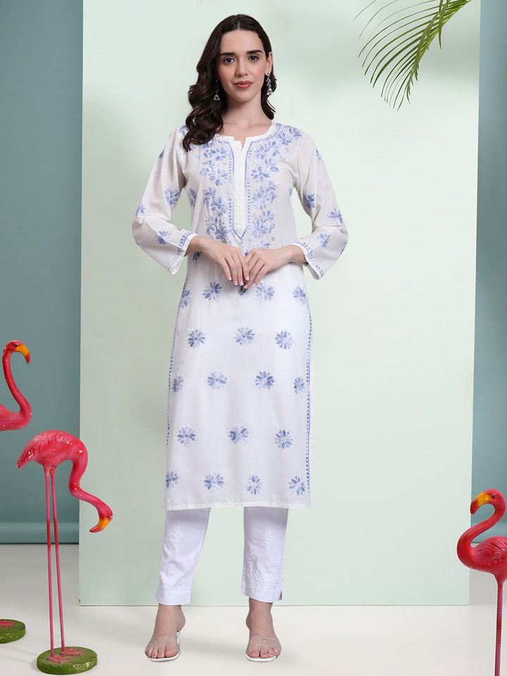 Hand Embroidered Chikankari Mulmul Cotton Straight Kurta- PC4085