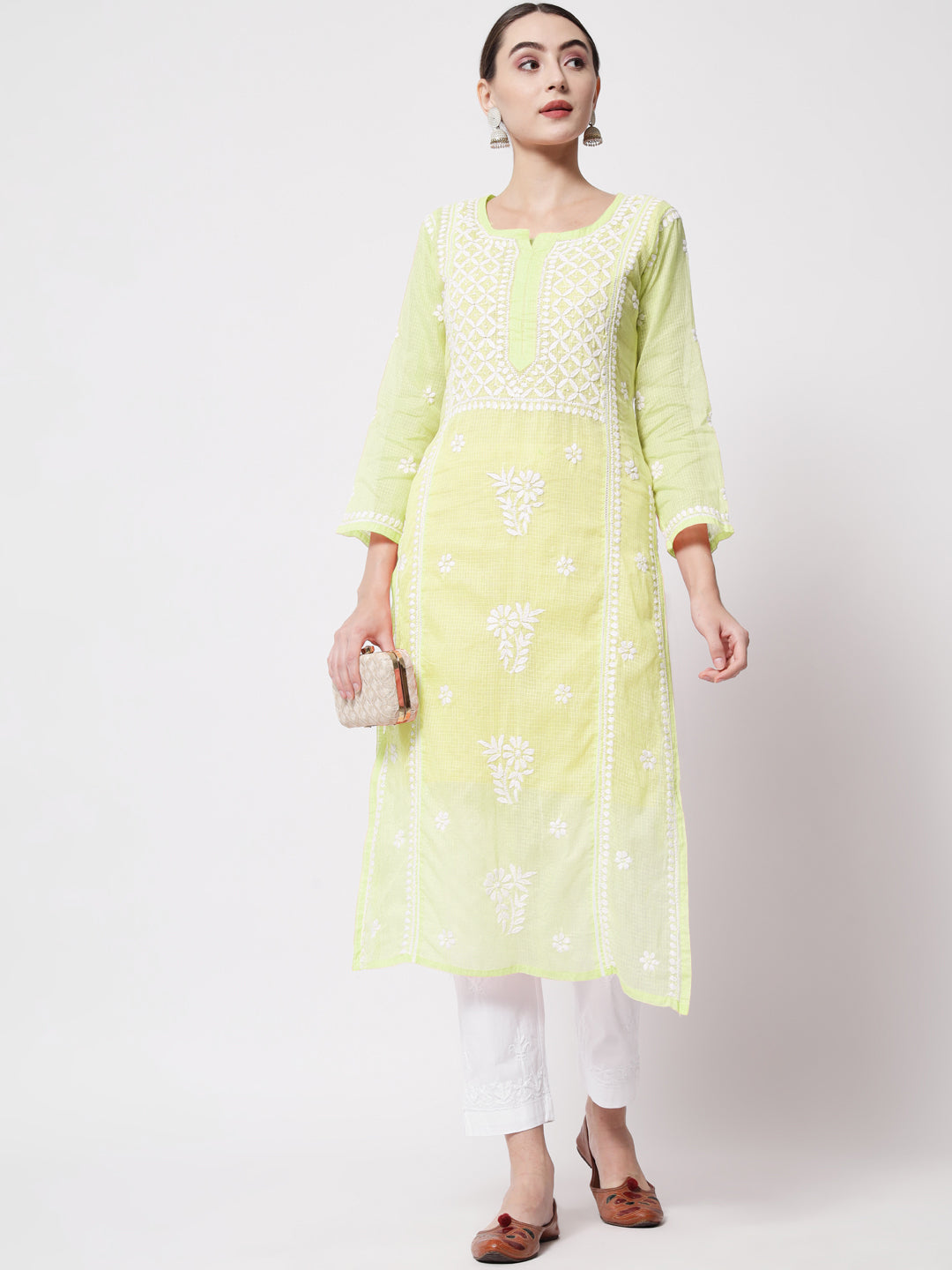 Hand Embroidered Chikankari Kota Cotton straight Kurta with matching Slip- PC3593