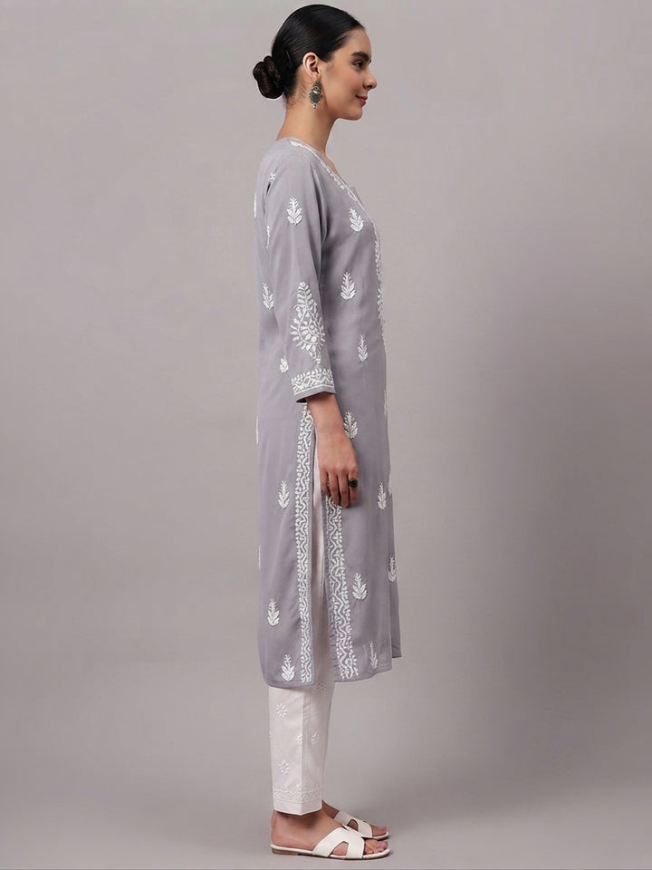 Women Hand Embroidered Chikankari Rayon Kurta PC4076 Grey