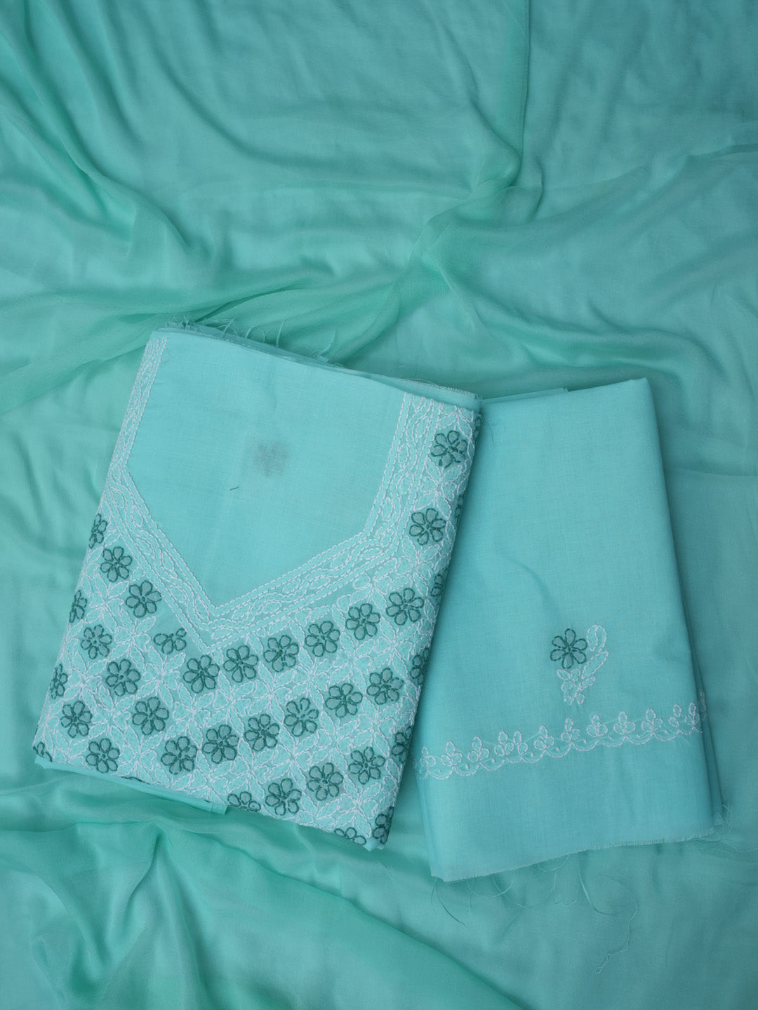 Women Hand Embroidered Chikankari Cotton Dressmaterial PCSCU00102FS-Seagreen
