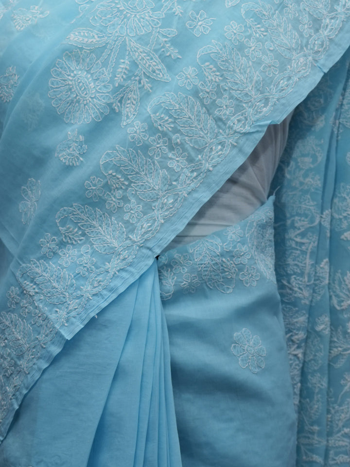 Hand Embroidered Chikankari Cotton Saree PCSAR02 Skyblue