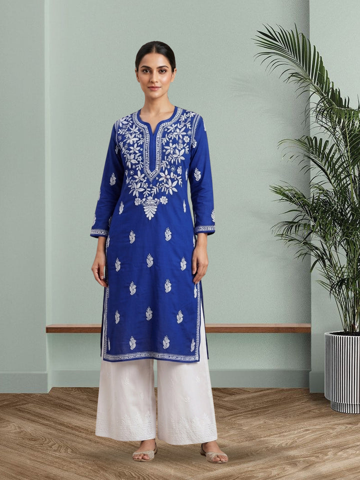 Hand Embroidered Chikankari Cotton Straight Kurta-PC3372 Darkblue