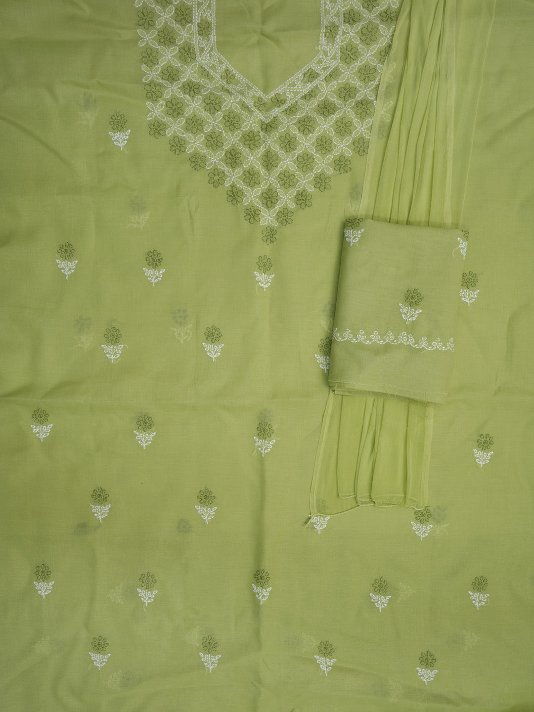 Women Hand Embroidered Chikankari Cotton Dressmaterial PCSCU00102FS-GREEN