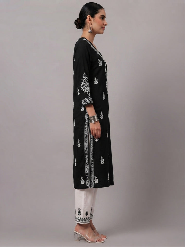 Women Hand Embroidered Chikankari Rayon Kurta PC4076 Black