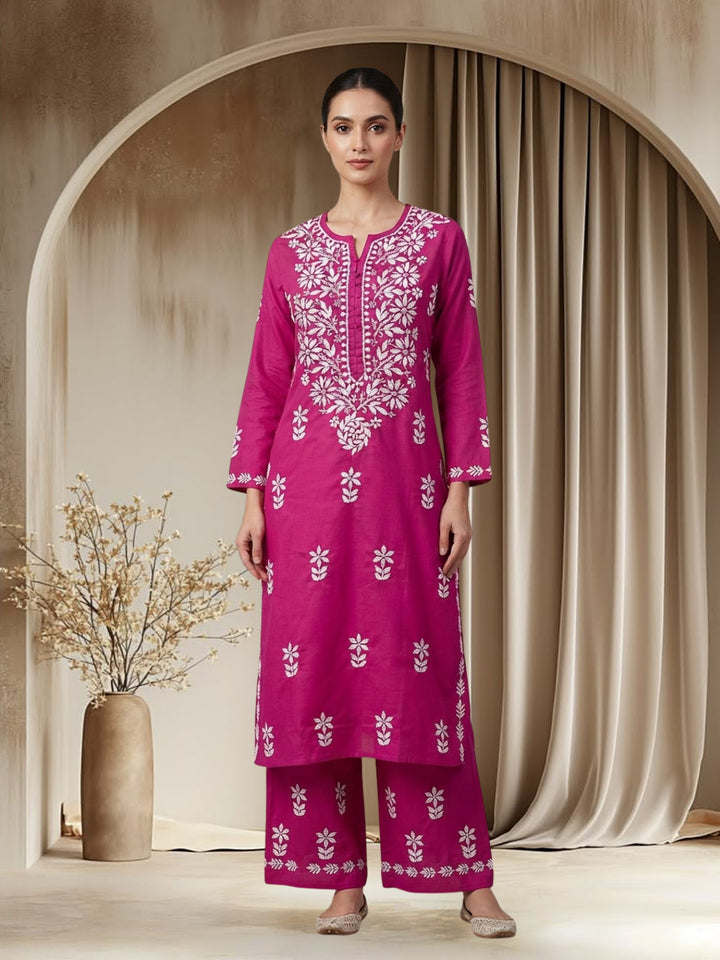 Women Hand Embroidered Chikankari Cotton Kurta Set PC4135KS Magenta
