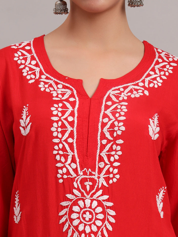 Women Hand Embroidered Chikankari Rayon Kurta PC4076 Red