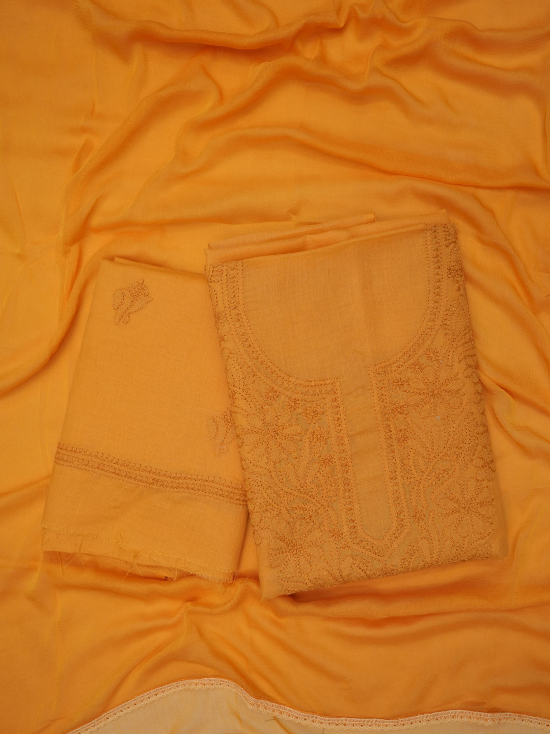 Women Hand Embroidered Chikankari Cotton Dressmaterial PCSCU00103FS-MUSTARD