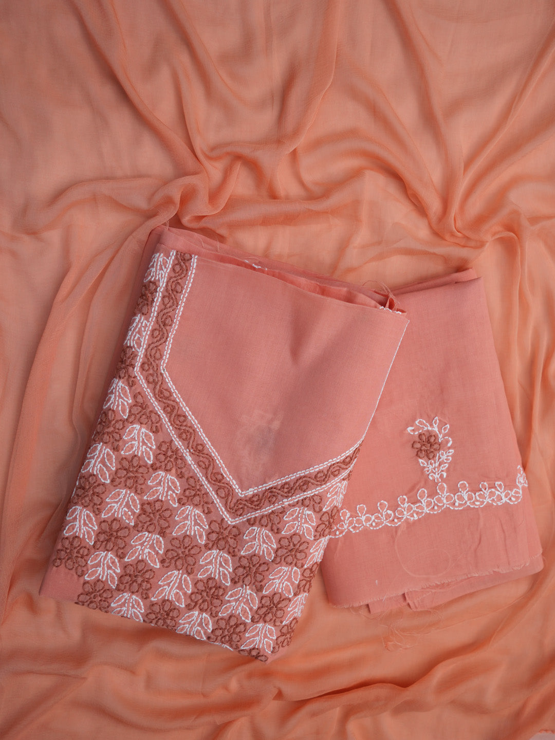 Women Hand Embroidered Chikankari Cotton Dressmaterial PCSCU00102FS-PEACH
