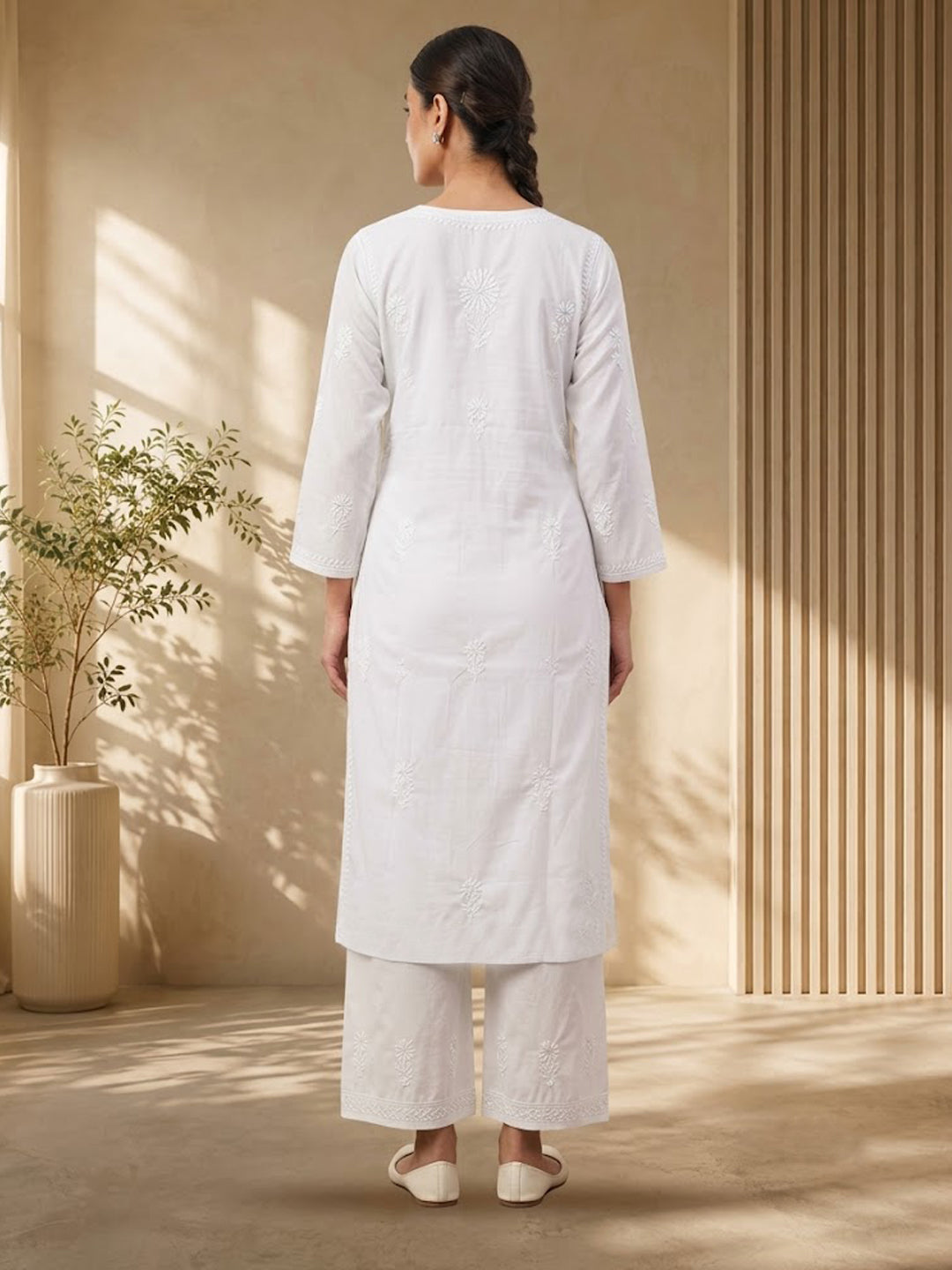 Hand Embroidered Chikankari Straight Floral Cotton Kurta-NTV115 White