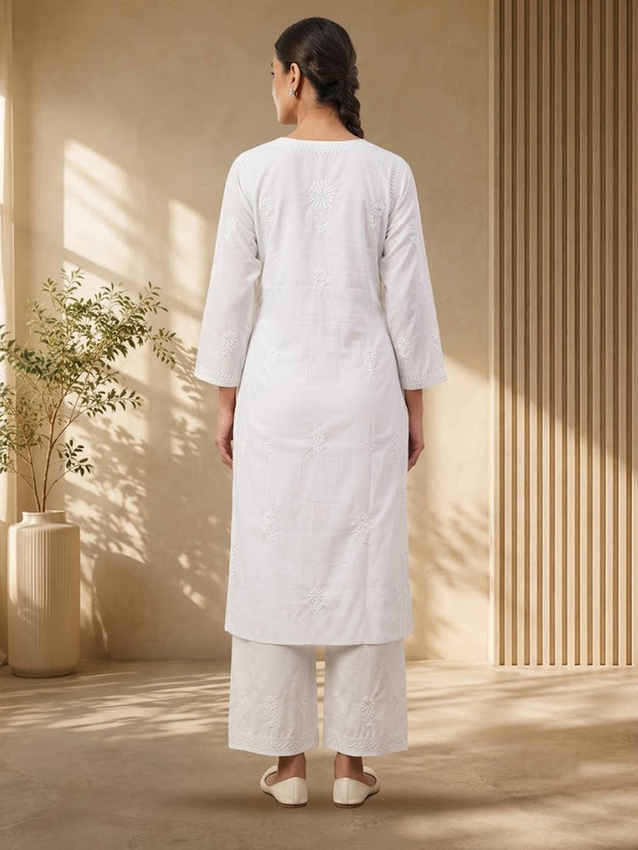 Hand Embroidered Chikankari Straight Floral Cotton Kurta-NTV115 White